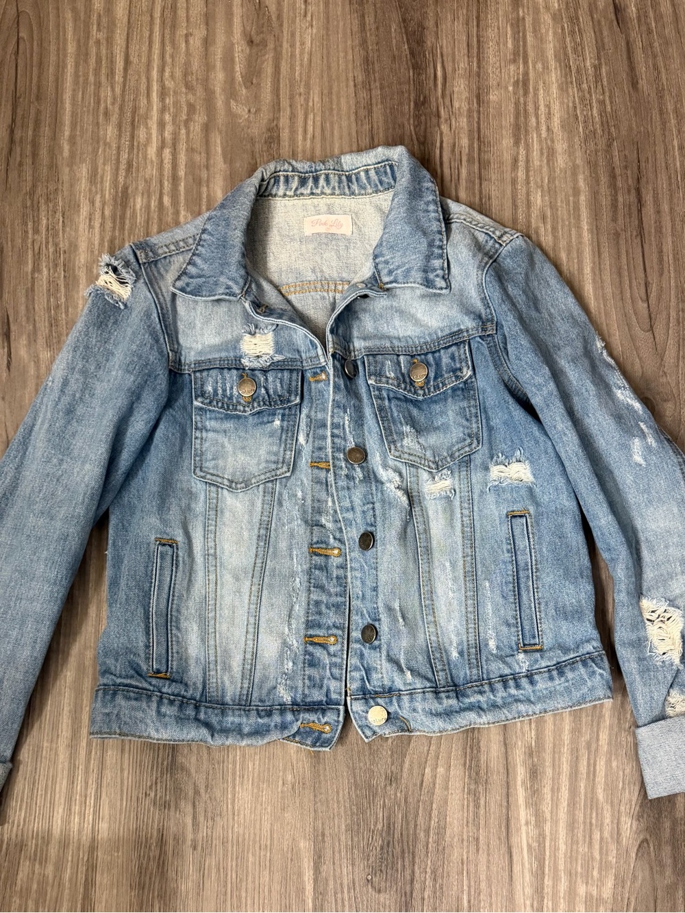 Pink Lily Light Blue Distressed Denim Jean Jacket